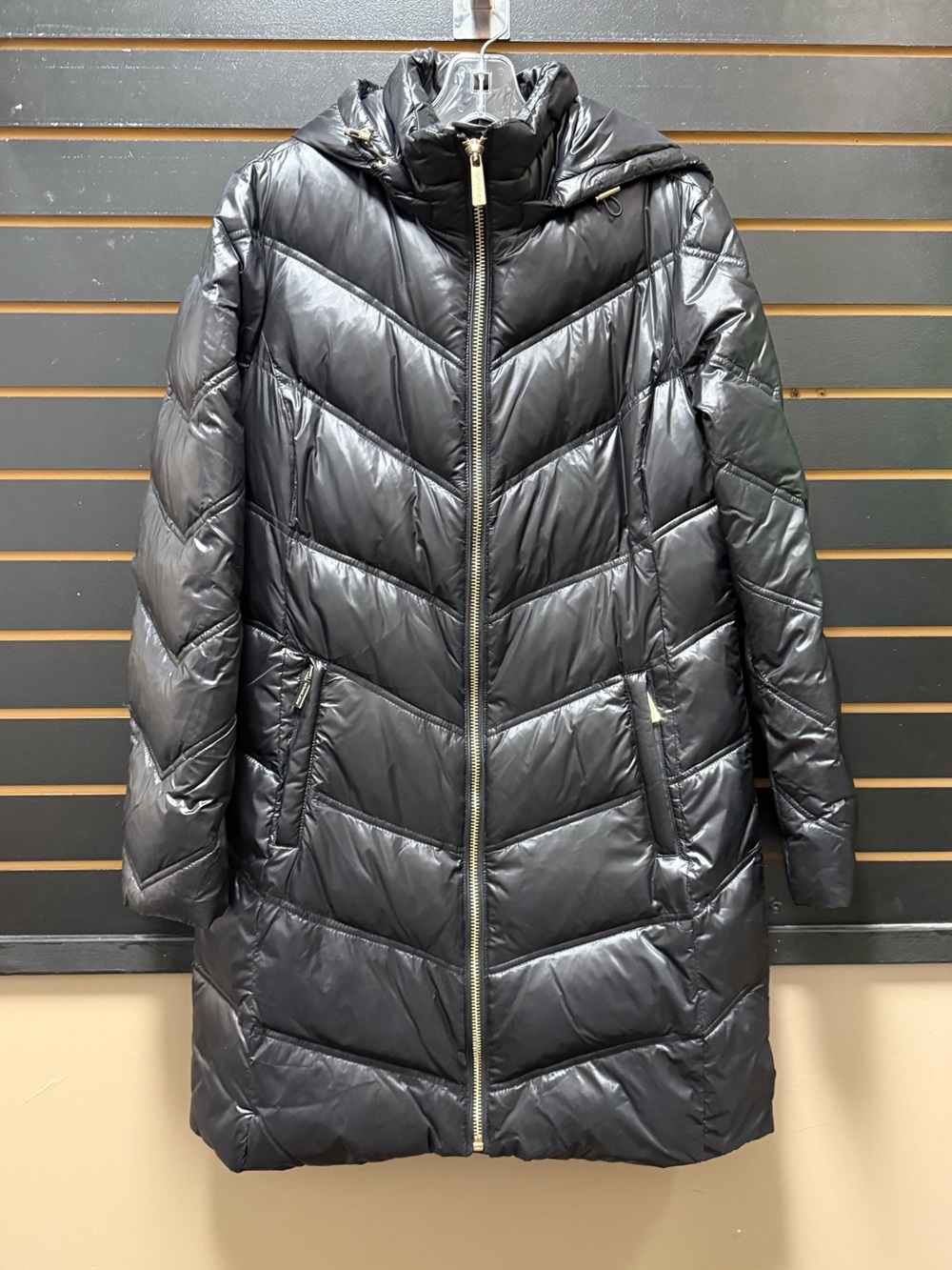 Michael Kors Black Chevron Quilted Long Puffer Coat Hooded M